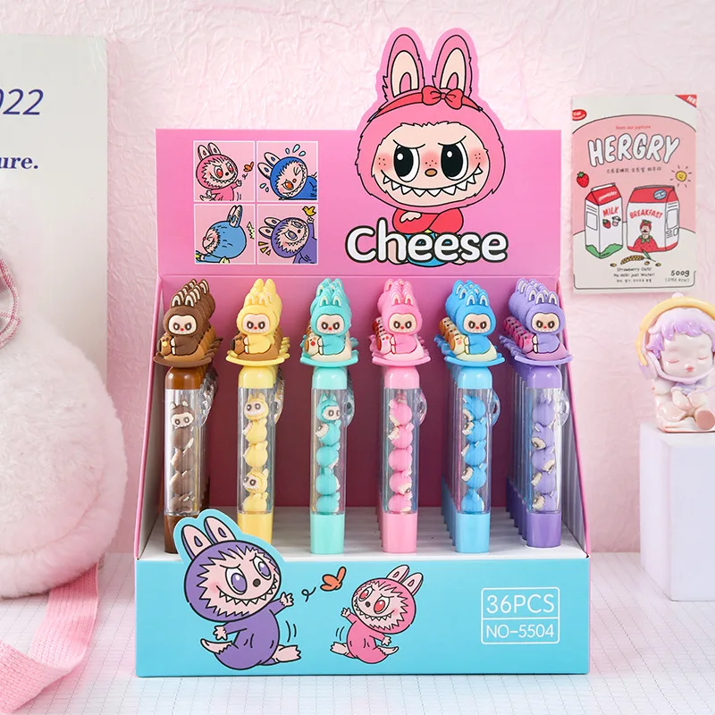 

6/36pcs Labubu Gel Pen 0.5mm Black Cartoon Cute Press Sign Pen Bead ballpoint pen Student Stationery Wholesale Gifts