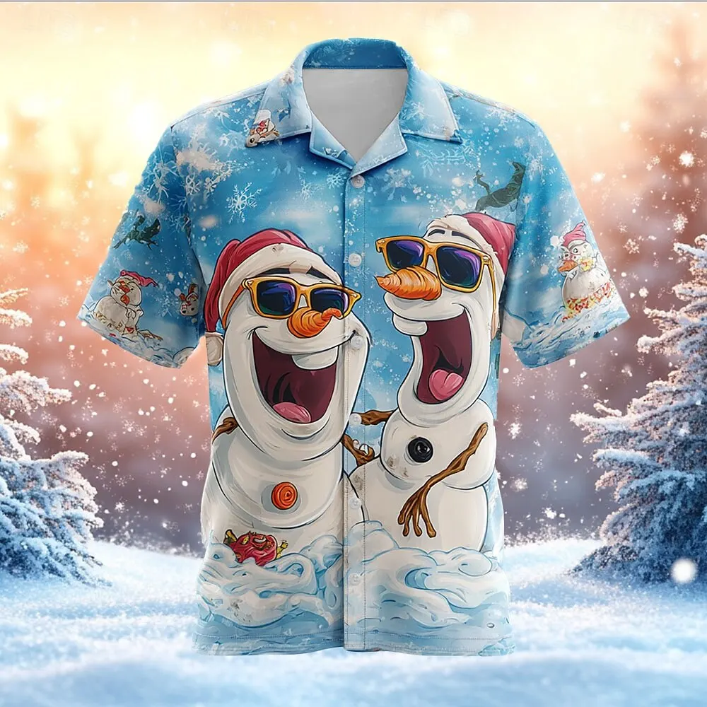 Men's Angry Snowman Graphic Short Sleeve Shirts Christmas Theme Casual Comfortable Button Lapel Shirt Loose Quick Drying Clothes