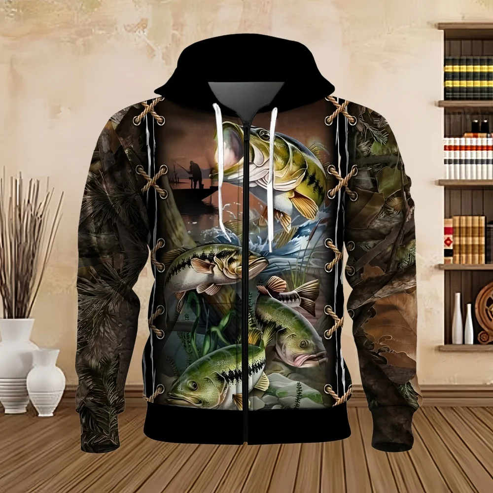 

Men Zip up Hoodie Camouflage Fishing Graphic Clothing Sweatshirt Casual Oversize Hoodies 3D Fish Printed Oversized Hooded Tops