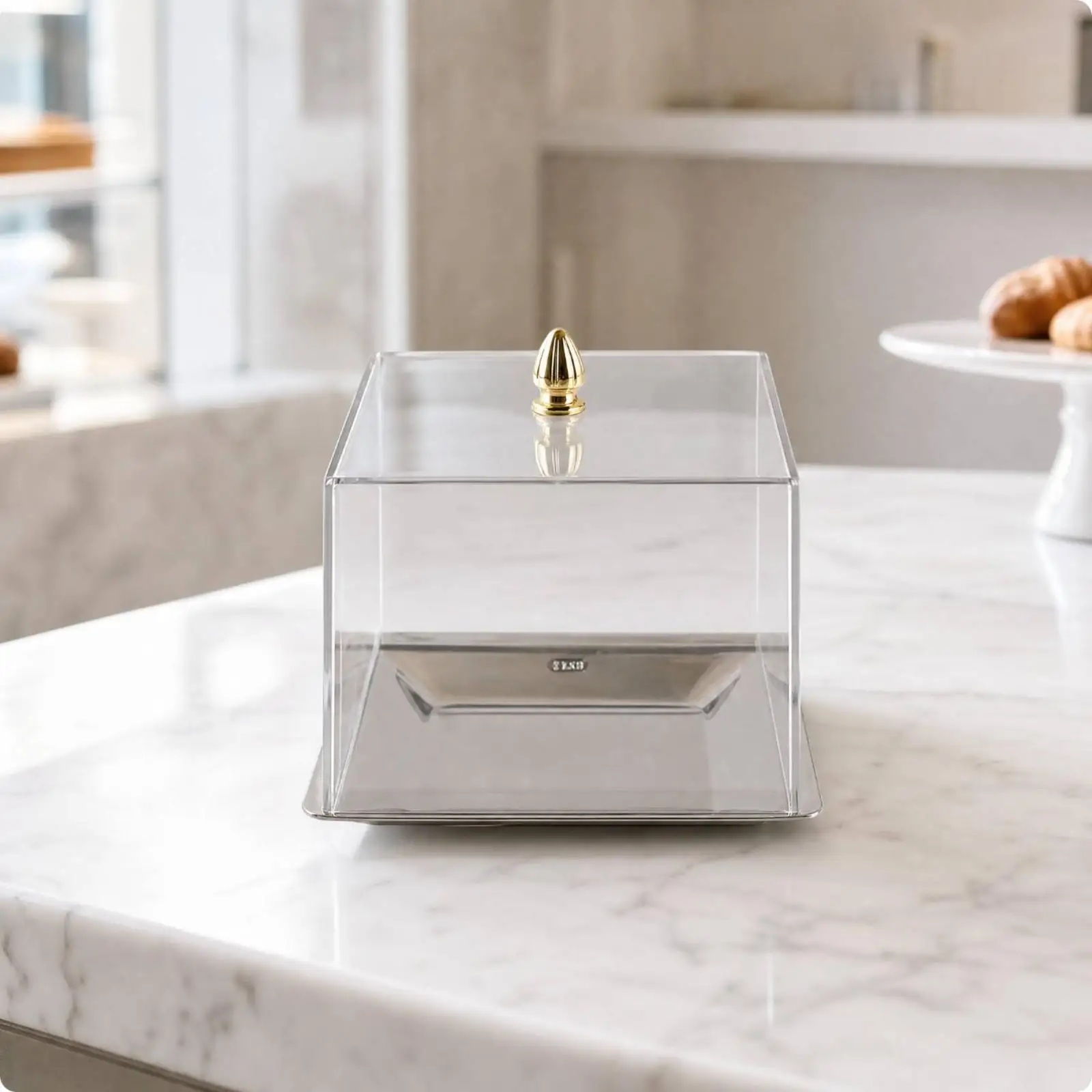 Square Covered Tray with Finial Handle Modern Minimalist Geometric Serving Tray with Metal Base Transparent Cover for Hotel