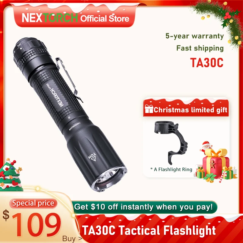 NEXTORCH TA30C Tactical flashlight , High power torch , high brightness , Rechargeable torch, with tactical finger ring