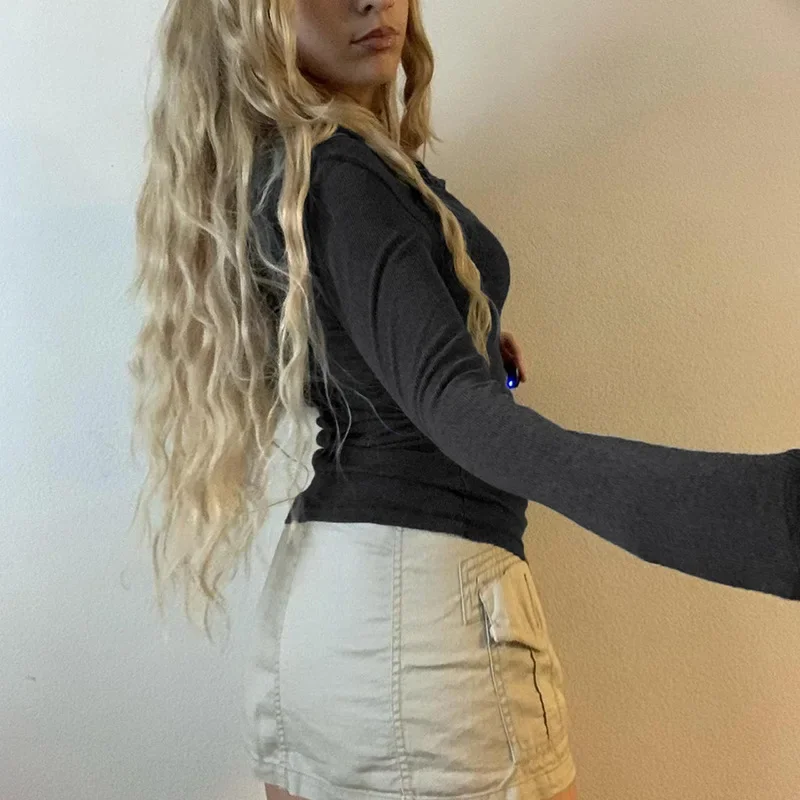 Vintage Y2K Remove Collar Rib Slim Fit Top T-shirt Aesthetic Button Vintage Sloppy Dress Solid Casual 90s Slim Fit Women's Shirt