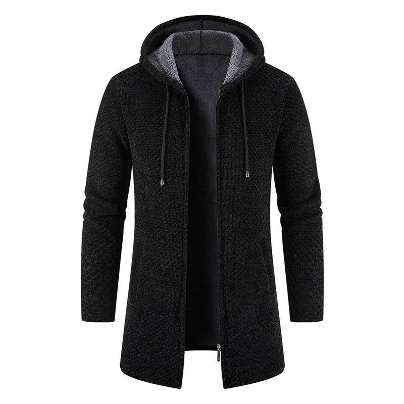 Men\'s Winter Trench Coat Long Knit Sweater Jacket Fleece Warm Hoodies Beige Business Casual Cardigan Zipper Jumper Overcoat