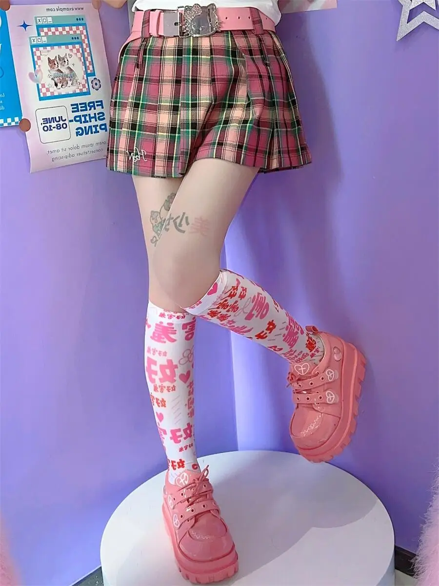 Harajuku Lolita Knee Socks for Girls, Text Printing, Streetwear, Thin Leg, White, Sweet, Cute, Pink, Y2K, Harajuku, New Hot