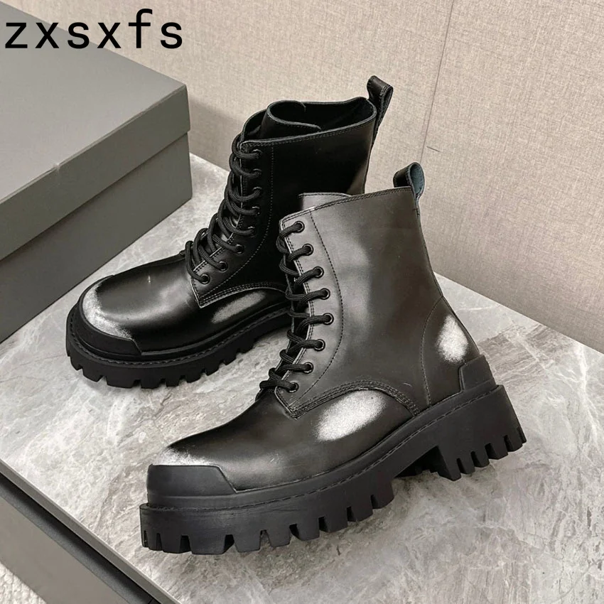 Hot Platform Ankle Boots For Men Women Thick Sole Real Leather Chelsea Boots Male Lover's Lace Up Casual Shoes Motorcyle Boots