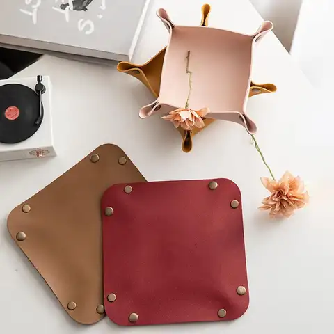 Nordic Style Square PU Leather Storage Box Desktop Organizer Tray Modern Home Office Supplies Holder