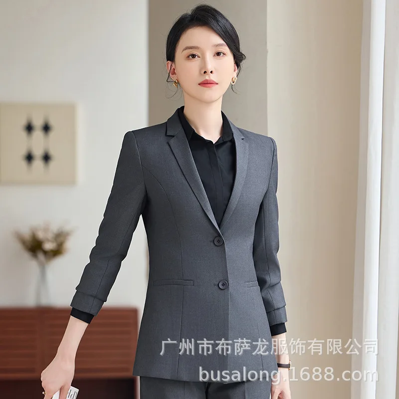 2025Autumn Winter New Blue Blazer Fashion Professional Slim Fit Hotel Manager Work Formal Suit Set