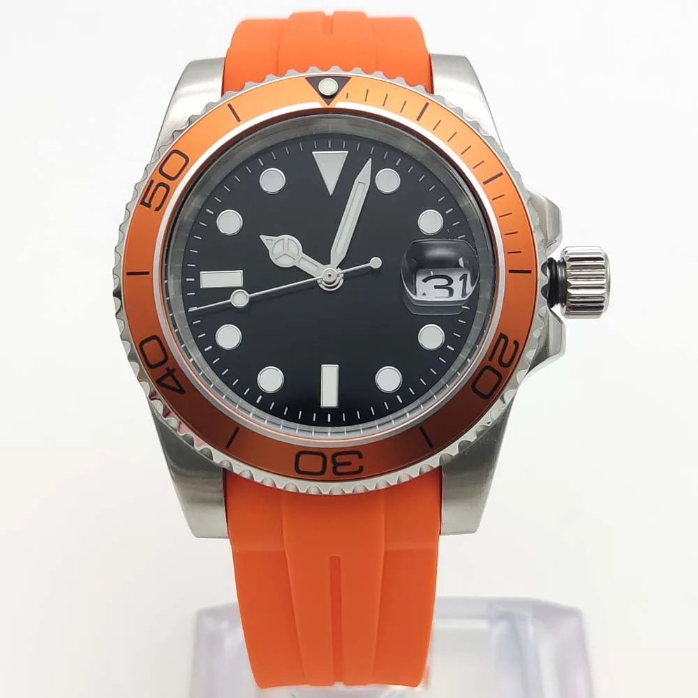 Men's New Sapphire Automatic Mechanical Watch, Stainless Steel Waterproof Case, Orange Strap, Watch