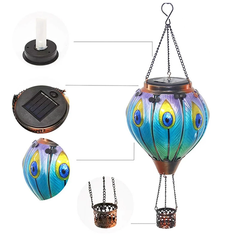 Outdoor Lanterns Hot Air Balloon Solar Lantern With Candle Holder For Garden Decor,Hanging Solar Light Outdoor Peafowl Durable