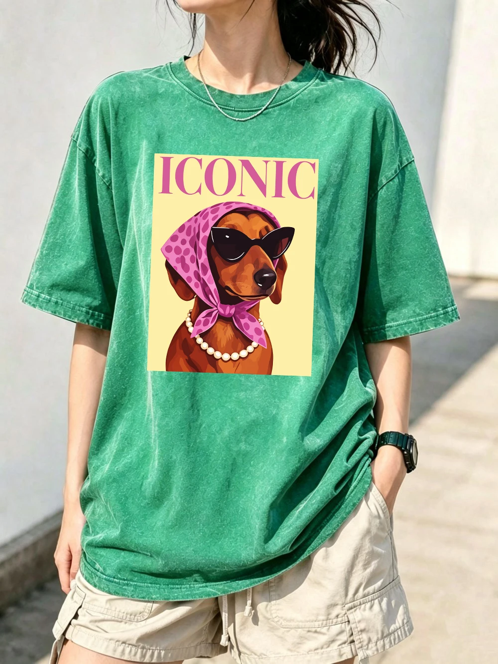 Iconic Dachshund Printed Washed T-Shirts Womens Cotton Oversized Tops O-Neck Comfortable Distressed T Shirt Summer Woman Clothes