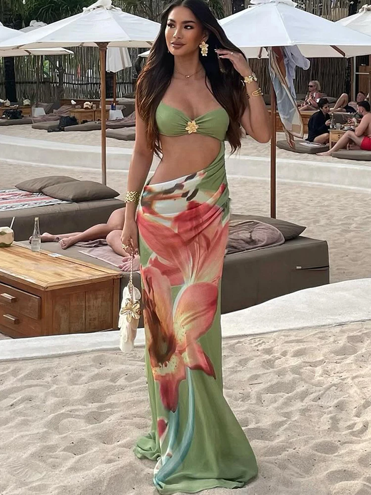 Sisterlinda Sexy Flora-Druck-Kleid für Damen, rückenfrei, mit Metallapplikationen, Schnürung, unregelmäßig, tailliert, Strandurlaub, schlank, figurbetont