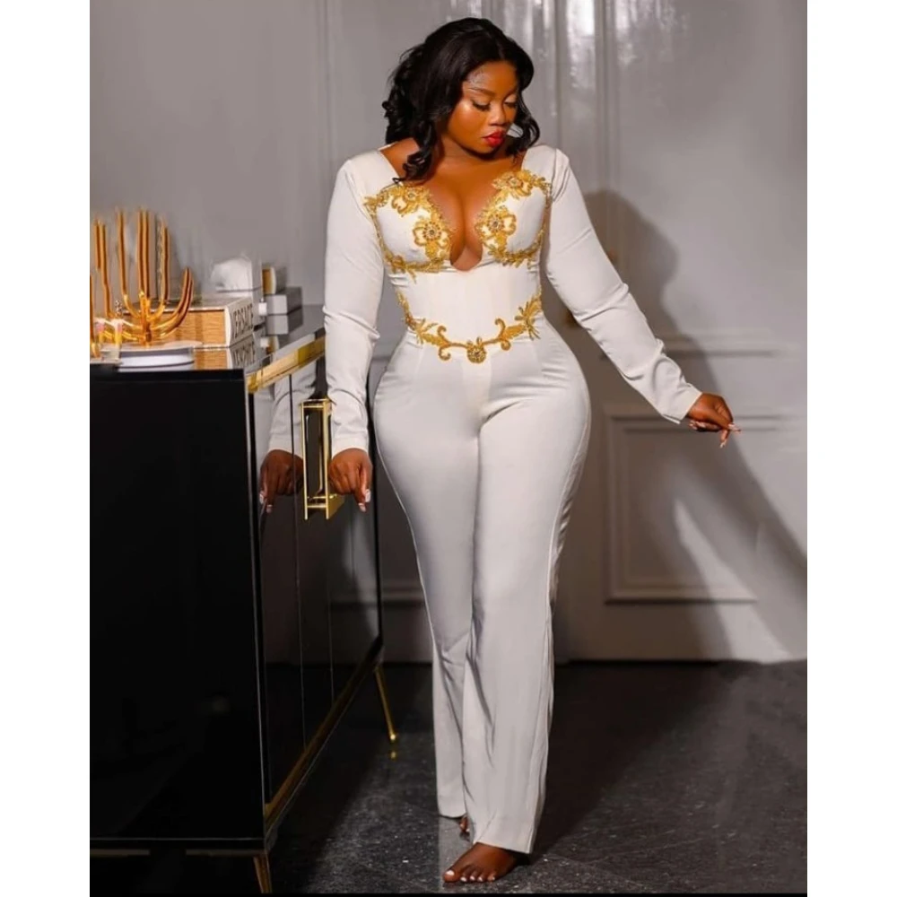 Sexy V Neck Womens Formal Jumpsuits for Weddings Appliques Long Sleeves Tuxedo Business Office  White Suits Elegant Pants Suit