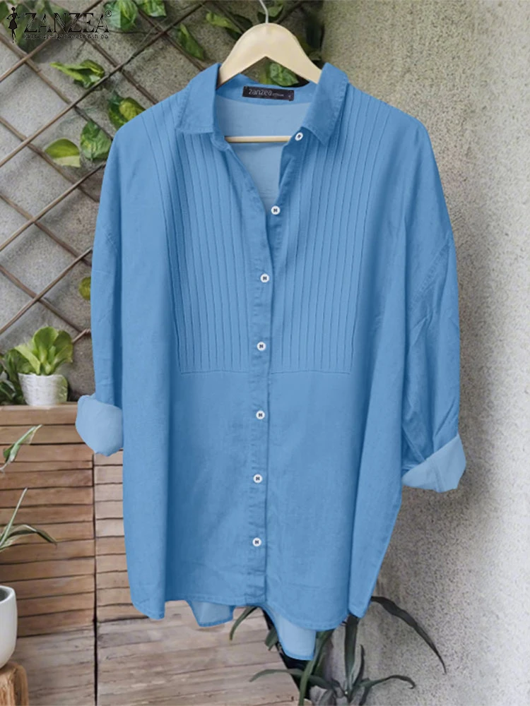 

2025 ZANZEA Vintage Shirts Women Long Sleeve Denim Tops Casual Loose Tunic Autumn Solid Color Fashion Lapel Neck Blusas S-3XL