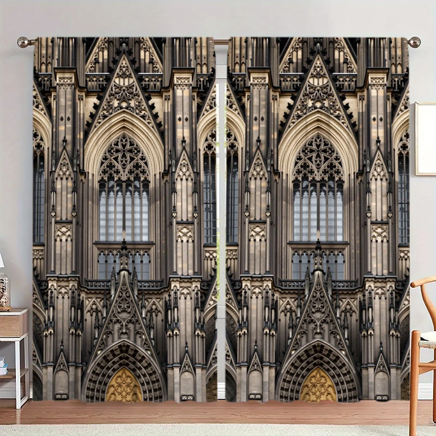 Gothic Cathedral Curtains, Historic Church Facade Print Blackout Drapes, European Architecture Decor for Living Room Bedroom