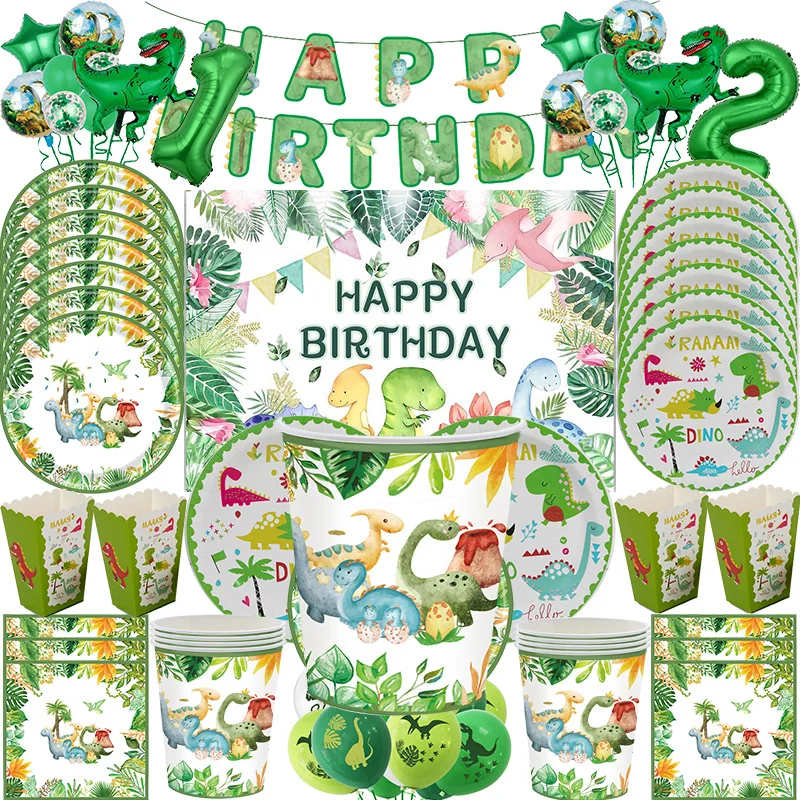 Happy Birthday Dinosaur Party Decoration Kids Tableware Set Paper Plates Cups Napkins Green Balloon Boys Party Favors Supplies