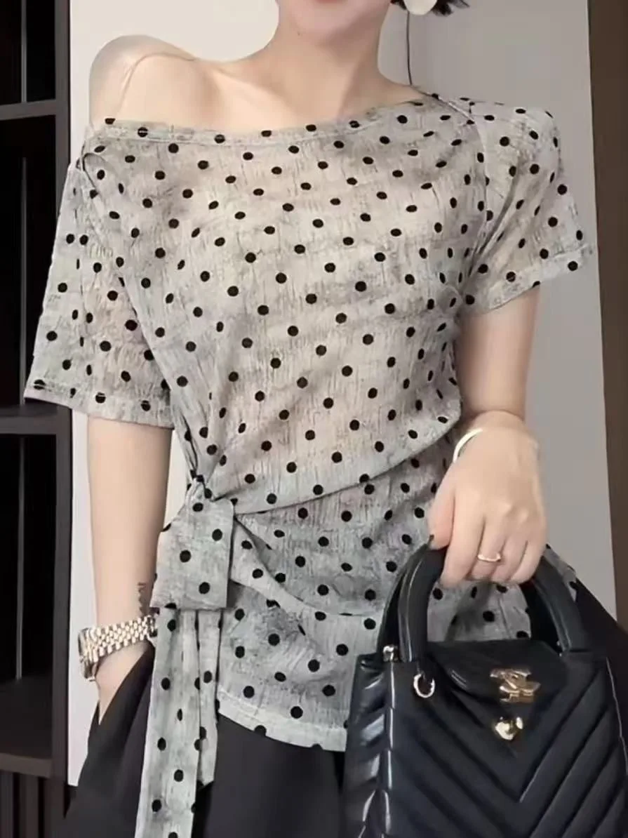 Slimming Polka Dot T-Shirt Summer 2026 New Style Lace Mesh Cover up Versatile Fashionable Women's Commute Style Short Sleeve