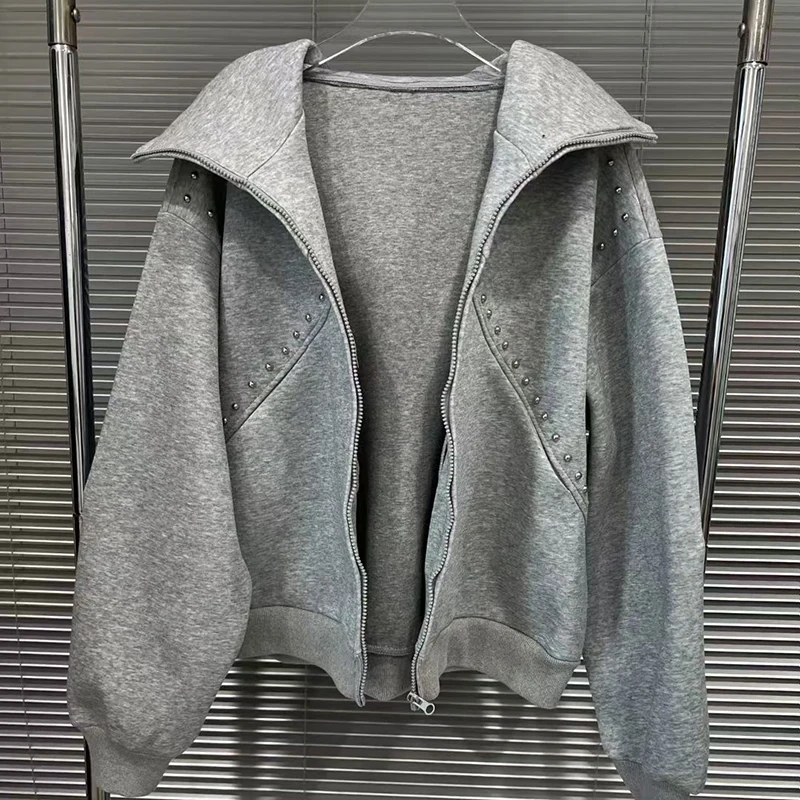 KBQ Solid Spliced Pearl Loose Causal Coats for Women Hooded Long Sleeve Patchwork Zipper Design Sense Chic Set Female Fashion