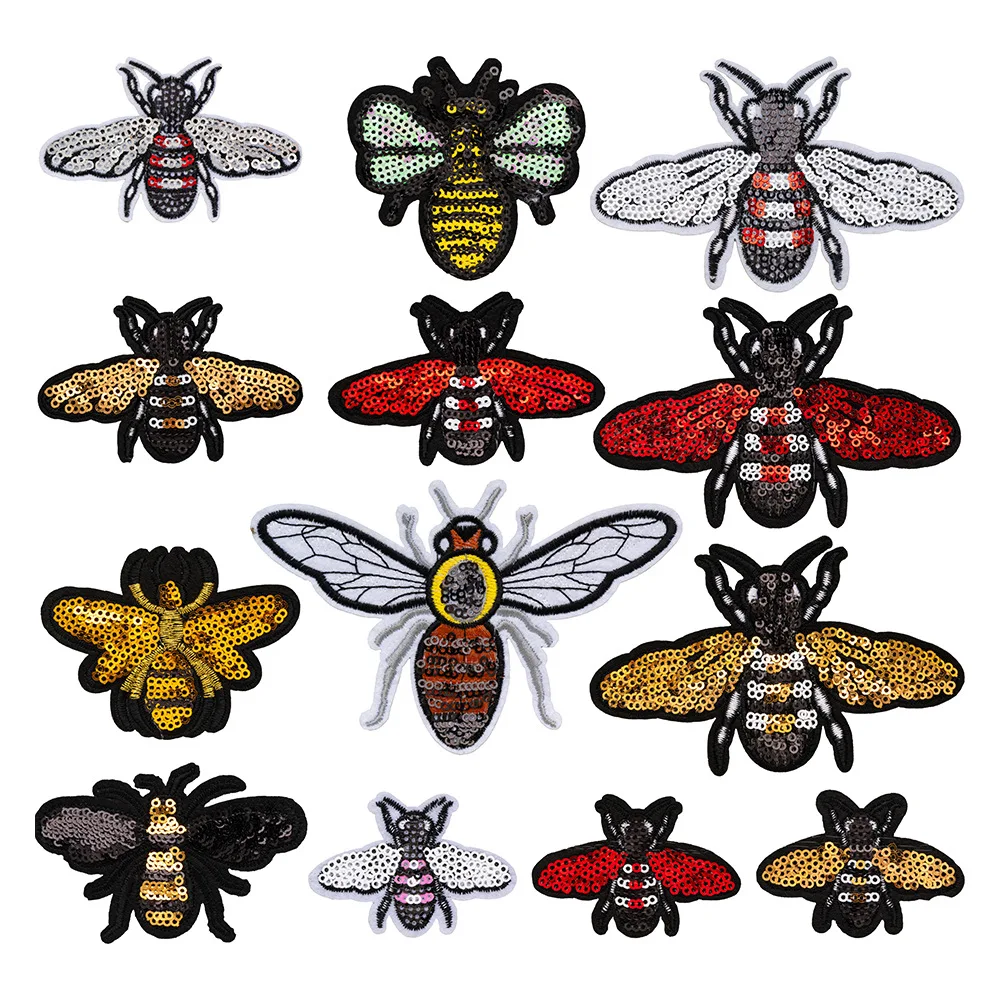 

Sequin Bee Embroidery Patch Cloth Adhesive Clothes Bags Shoes DIY Hole Iron on Patches for Clothes Appliques for Clothing