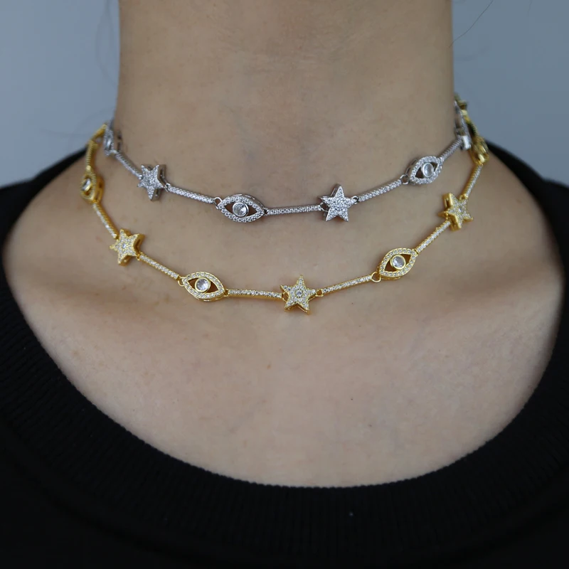Bling Evil Eye and Star CZ Choker Necklaces for Women Paved Zircon Gold Silver Color Charm Necklace Fashion Jewelry for Party