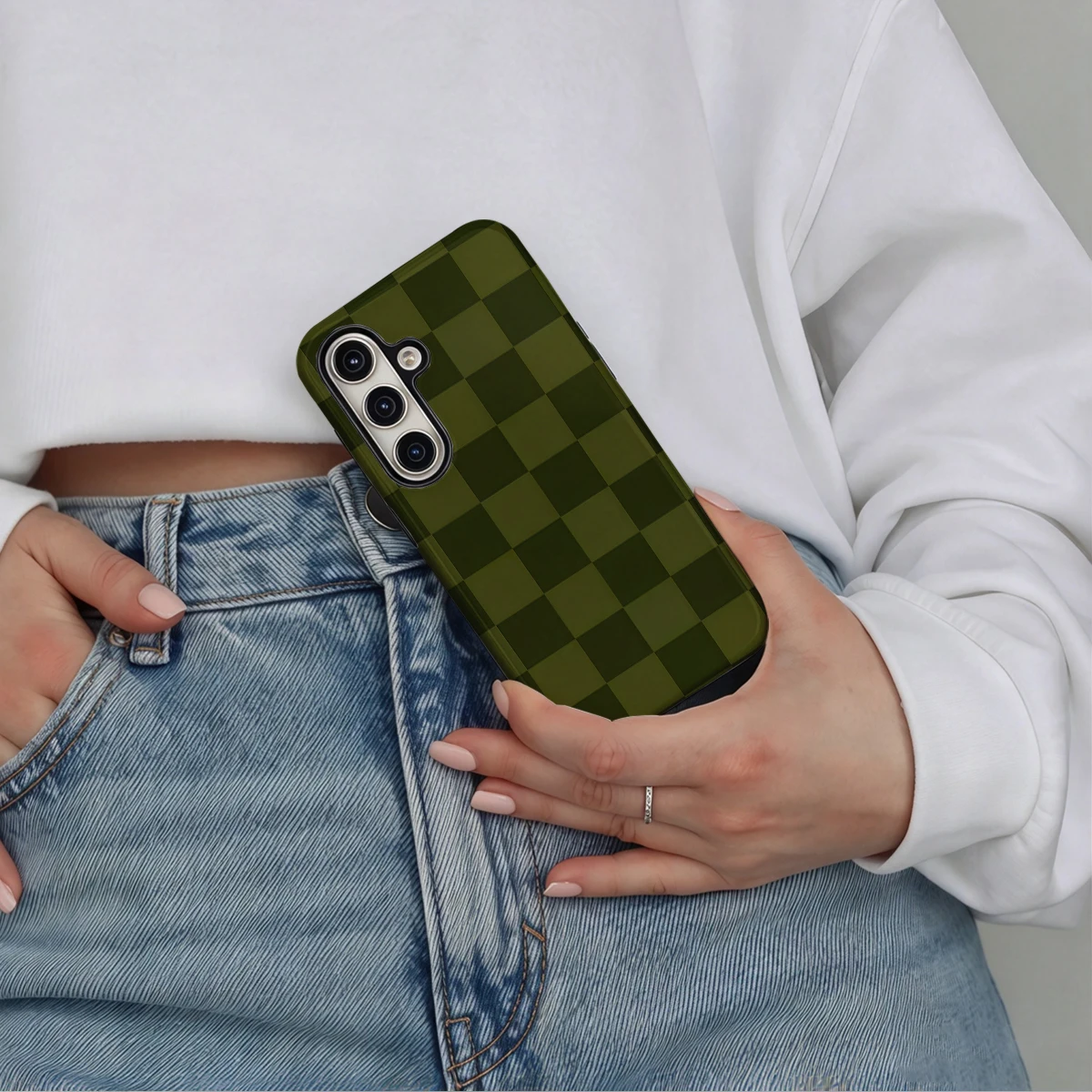 Olive Green Checkerboard Phone Case For Samsung Galaxy S26 S25 Ultra S24 S23 Plus Hard Shock‑Absorption 2-in-1Protective Cover