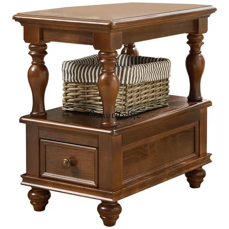 Solid wood sofa side cabinet small square coffee table small coffee table square table retro