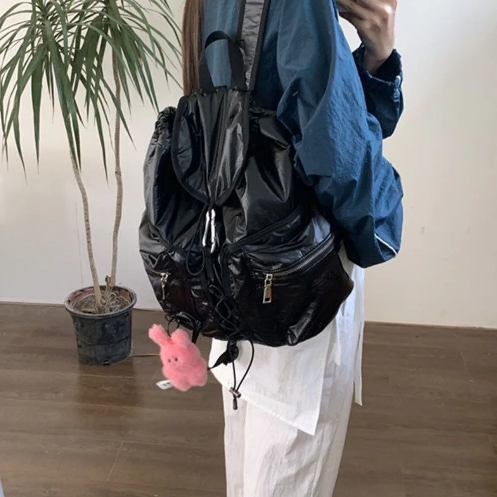

New Korean Style Fashion Silver Backpack Summer Student Casual Zipper Drawstring Pocket Backpack Single Shoulder Crossbody Bag