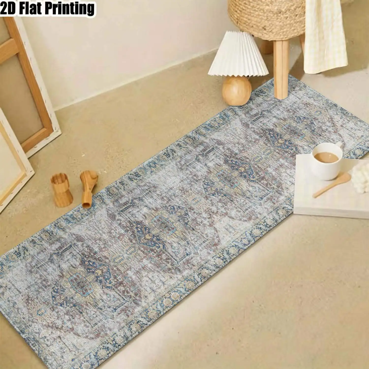 1Pc 2D Printed Long Strip Rug: Blue-Grey Retro Geometric Pattern, Nordic/Instagram/Minimalist/European/Bohemian Style Home Decor, Multi-Size, Machine Washable, Suitable for Entrance, Corridor, Living Room, Bedroom.
