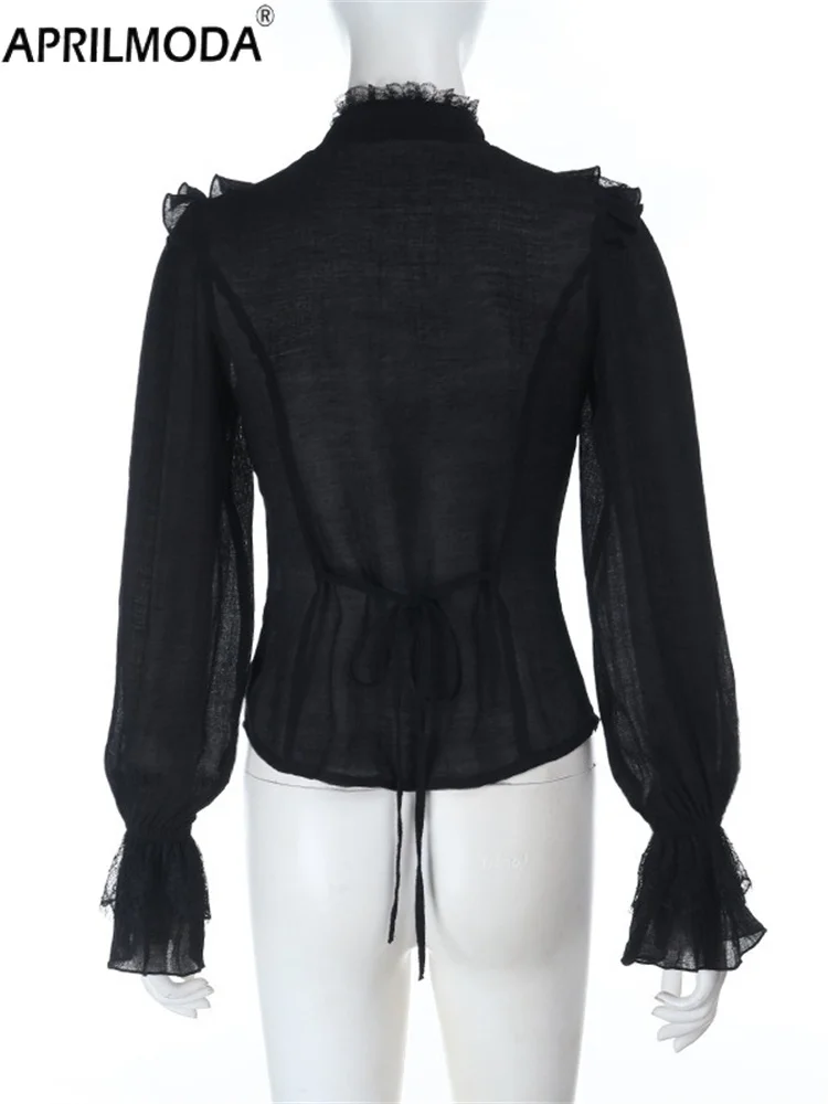 2025 Halloween Nero Pizzo Manica Lunga Donna Casual Dolce Camicetta Lolita Vintage Gotico Jacquard Elegante Office Lady Y2k Top