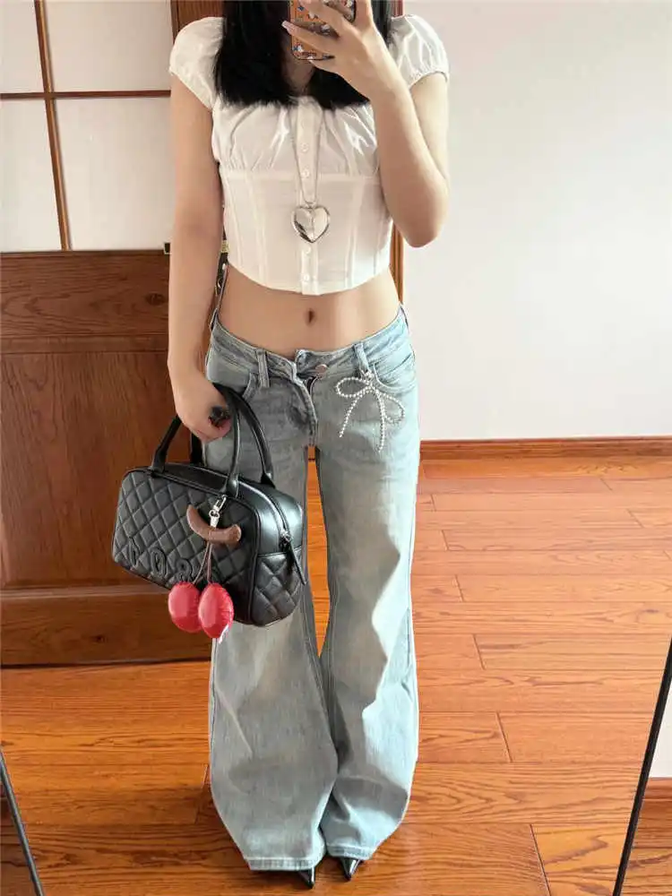

Women's American Retro Low Rise Flare Jeans Korean Baggy Denim Pants Bleach Blue Long Trousers Japanese Y2k Cowboy High Street