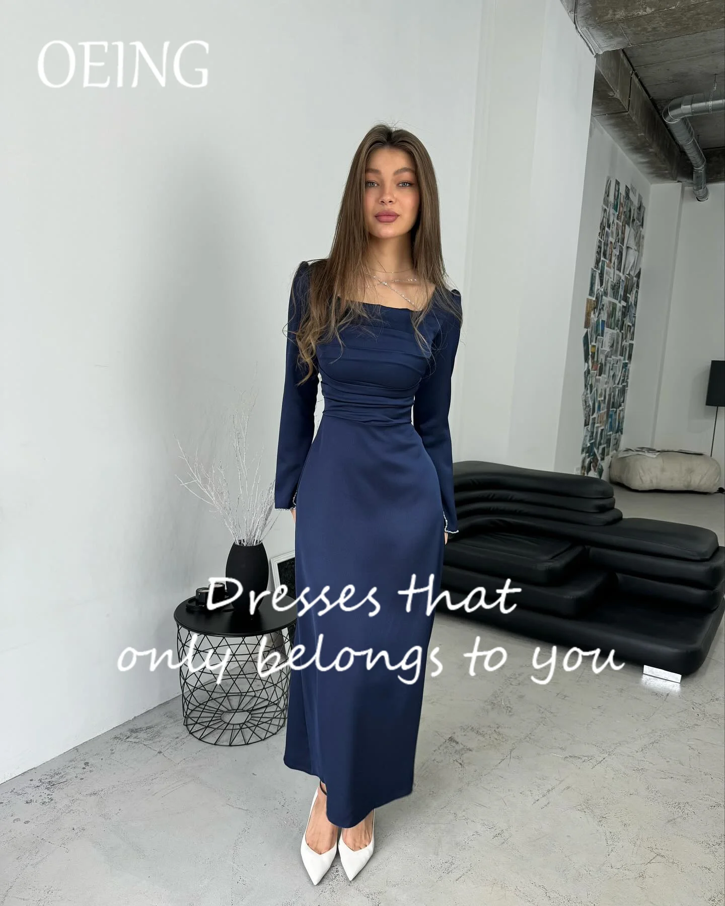 OEING Square Collar Luxury Formal Evening Dresses Pleat Long Sleeves فساتين سهرة Ankle Length Elegant Prom Gowns Party Women