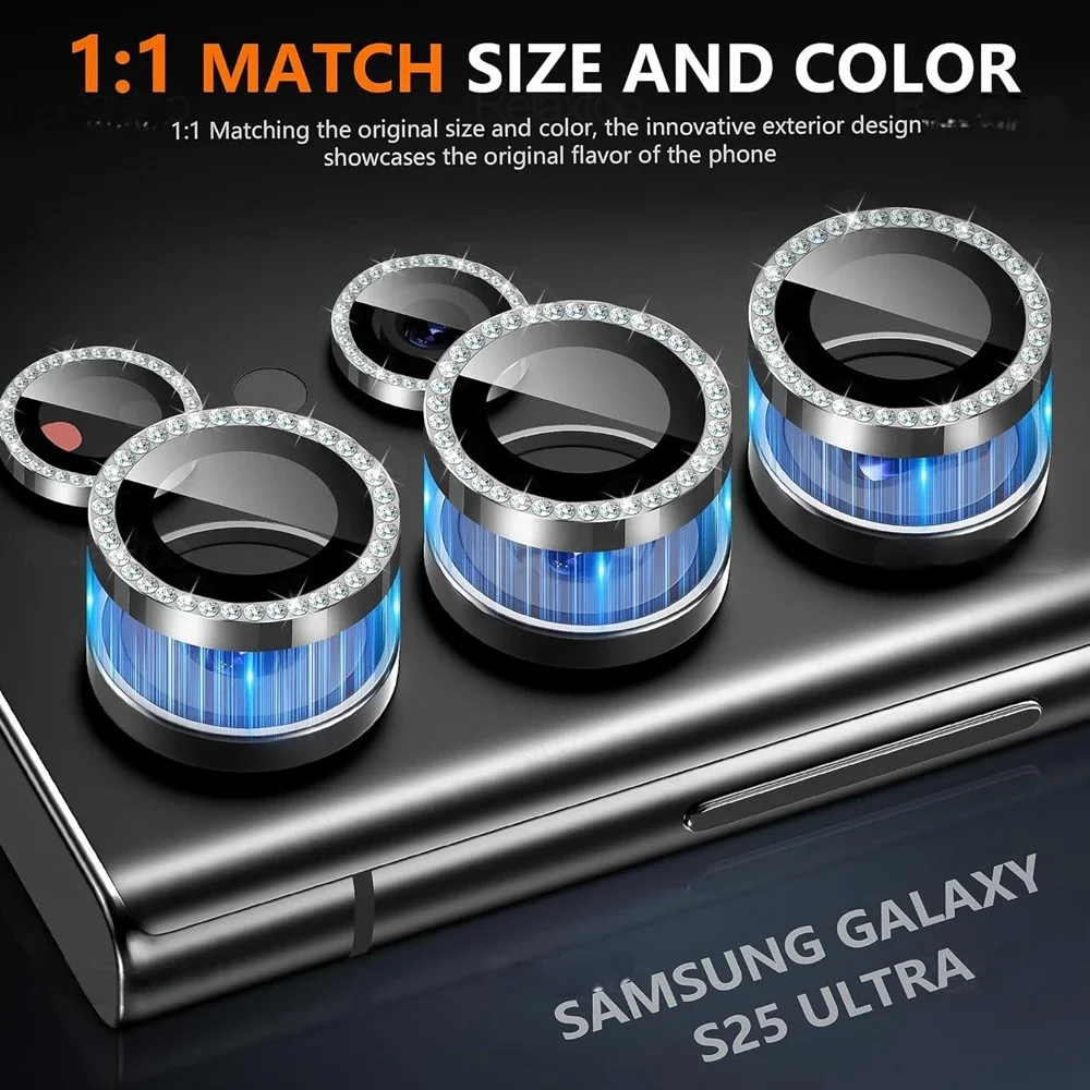 กล้องป้องกันเลนส์กระจกนิรภัยแหวนสําหรับ Samsung Galaxy S25 Ultra S25 Plus Samsung S23 S24 Ultra 5G เพชรโลหะเลนส์