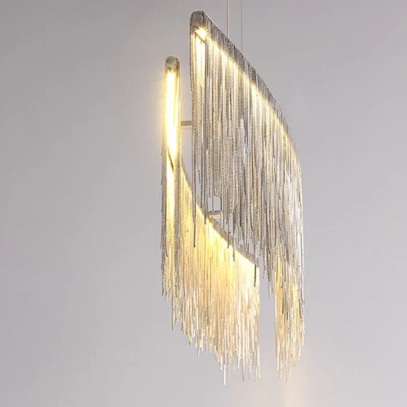 Imagem -04 - Alumínio Cadeia Tassel Chandelier Iluminação Decoração Interior Lâmpada Led Pendant Drop Light Design Retangular Prata e Ouro Moderno