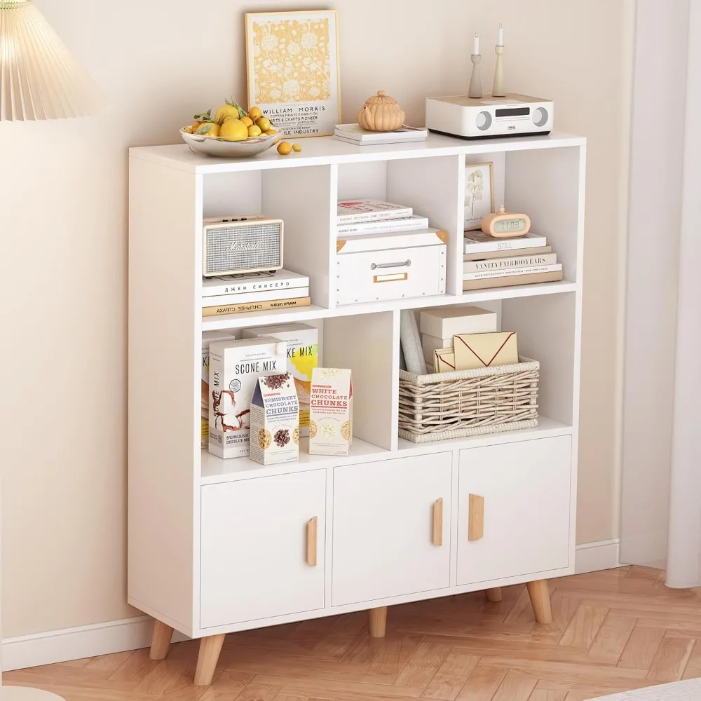 Cubby Shelf Bookshelves with Doors - Wooden 8 Cubic Floor Vertical Open Bookshelves with Solid Wood Legs, 3 Tier Lockers