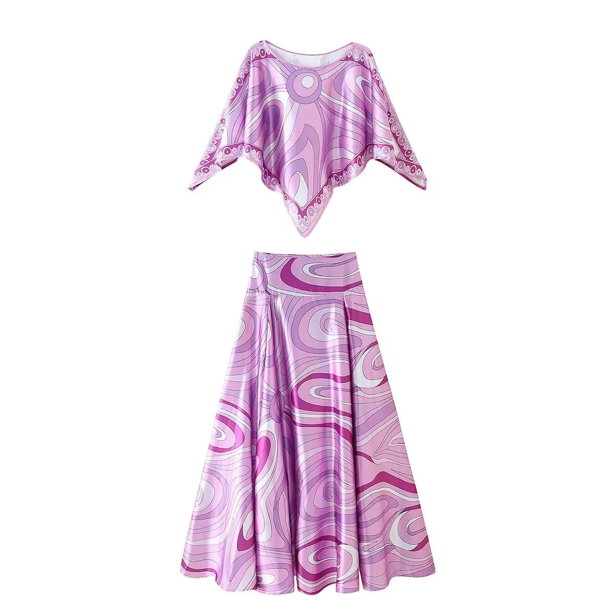 

MYST&ZA Women's Summer New Shawl Style Positioning Printed Color Round Neck Ding Top+Large Swing Printed Color Long Half Skirt