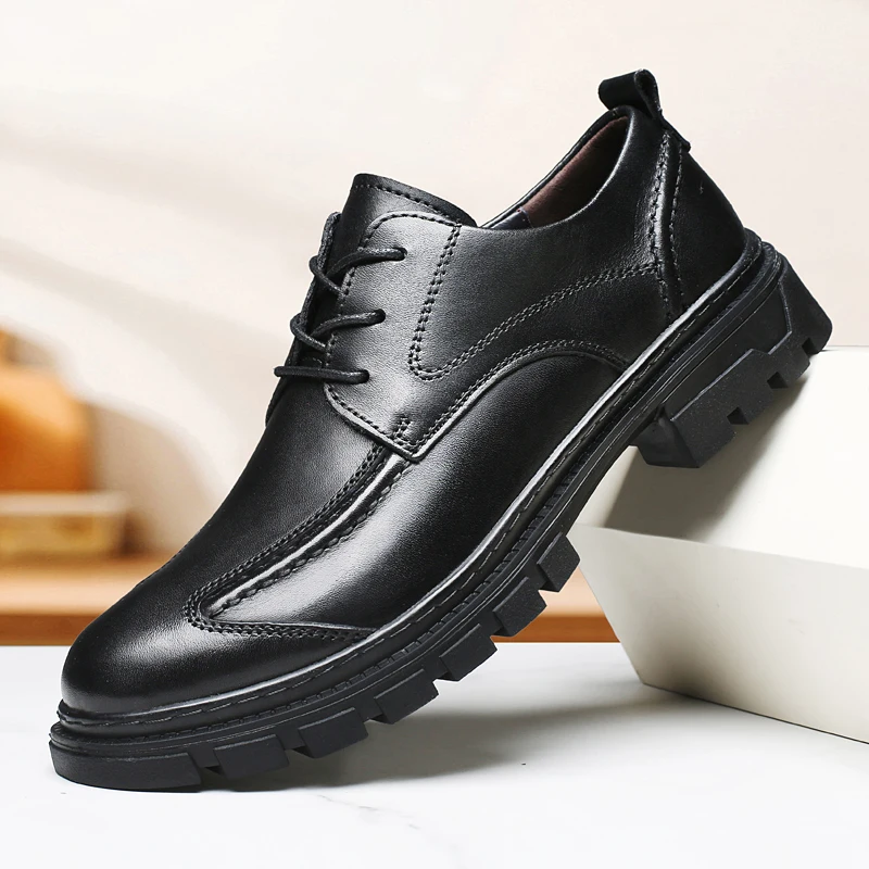 

New Leather Shoes for Young Men British Brock Formal Business Increase Casual Black Wedding Groom Lace-up Men's Shoes Large Size