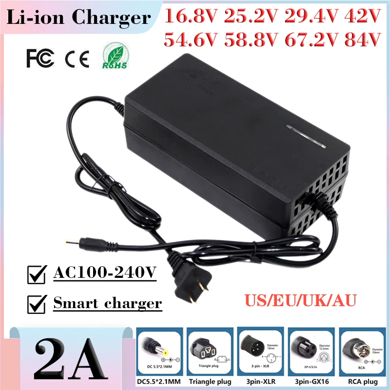 Ładowarka 16,8 V/29,4 V/42 V/54,6 V/67,2 V/58,8 V/84 V 2A do akumulatorów litowych 4S 6S 7S 10S 13S 16S 20S 14,8 V-72 V E-dwa koła Ładowarka