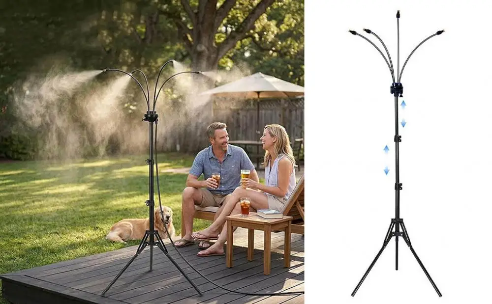 VelmoraMart outdoor misting system installed on a wooden patio providing cooling mist
