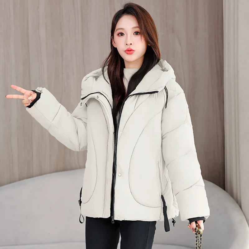 

2025 зимние новые свободные женские куртки с хлопковой подкладкой, толстые теплые корейские модные повседневные пуховые пальто с капюшоном, верхняя одежда на молнии, женская