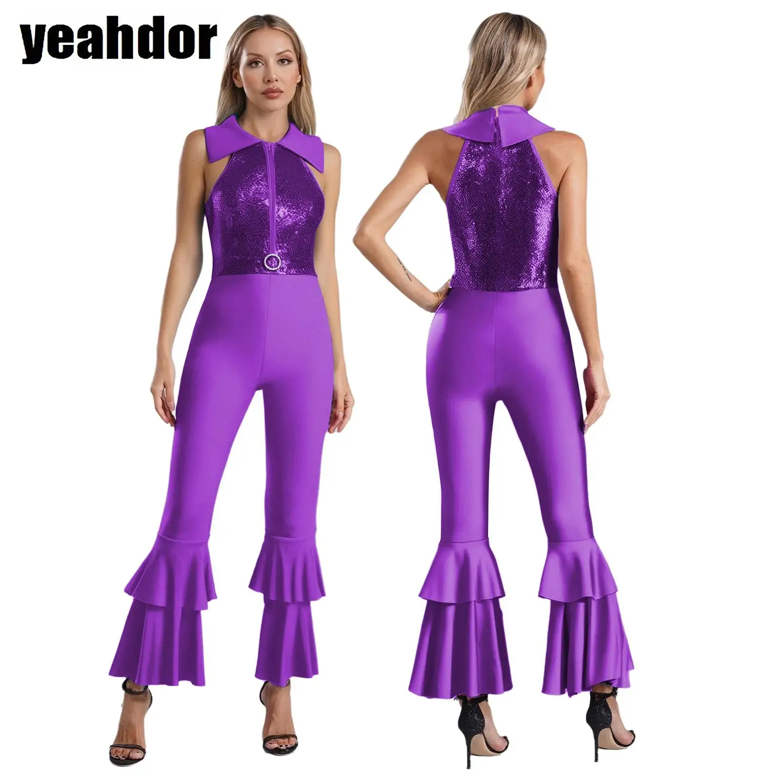 

Women Disco Dance Jumpsuit 60s 70s Retro Hippie Jumpsuit Sleeveless Rhinestone Bell-Bottom Bodysuit Jazz Dance Music Festival