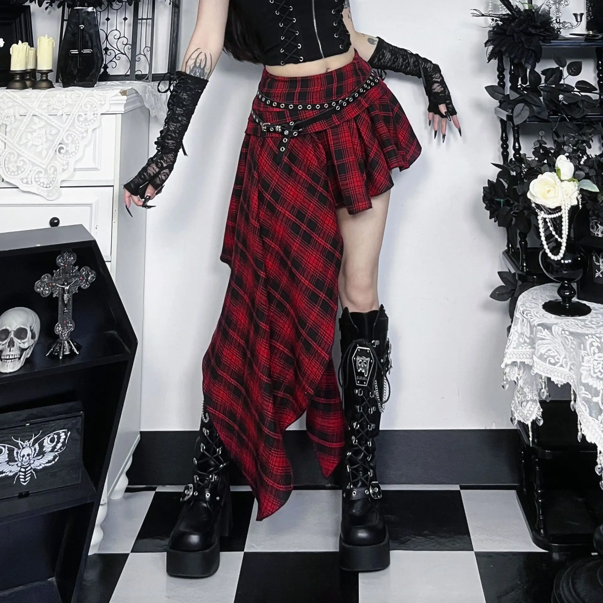 

Dark Goth 90s Grunge Chic Adjustable Multi Wear Skirts Cyber Y2K Lattice Metal Buckle Loose Skirt Women Mall Gothic Streetwear