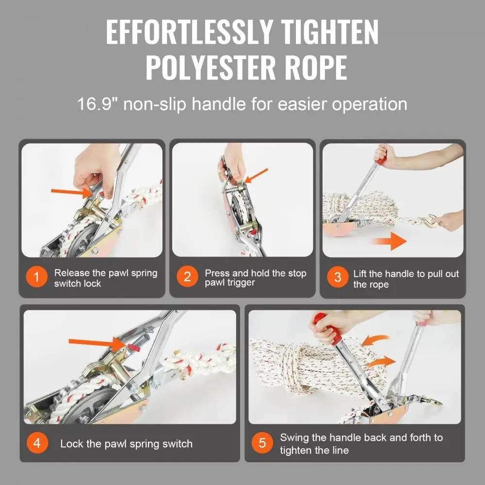 Extractor de cuerda, capacidad de tracción de 3/4 toneladas (1.653 libras), con 100 'de 0,6 "de diámetro, 2 ganchos, cabrestante, trinquete resistente