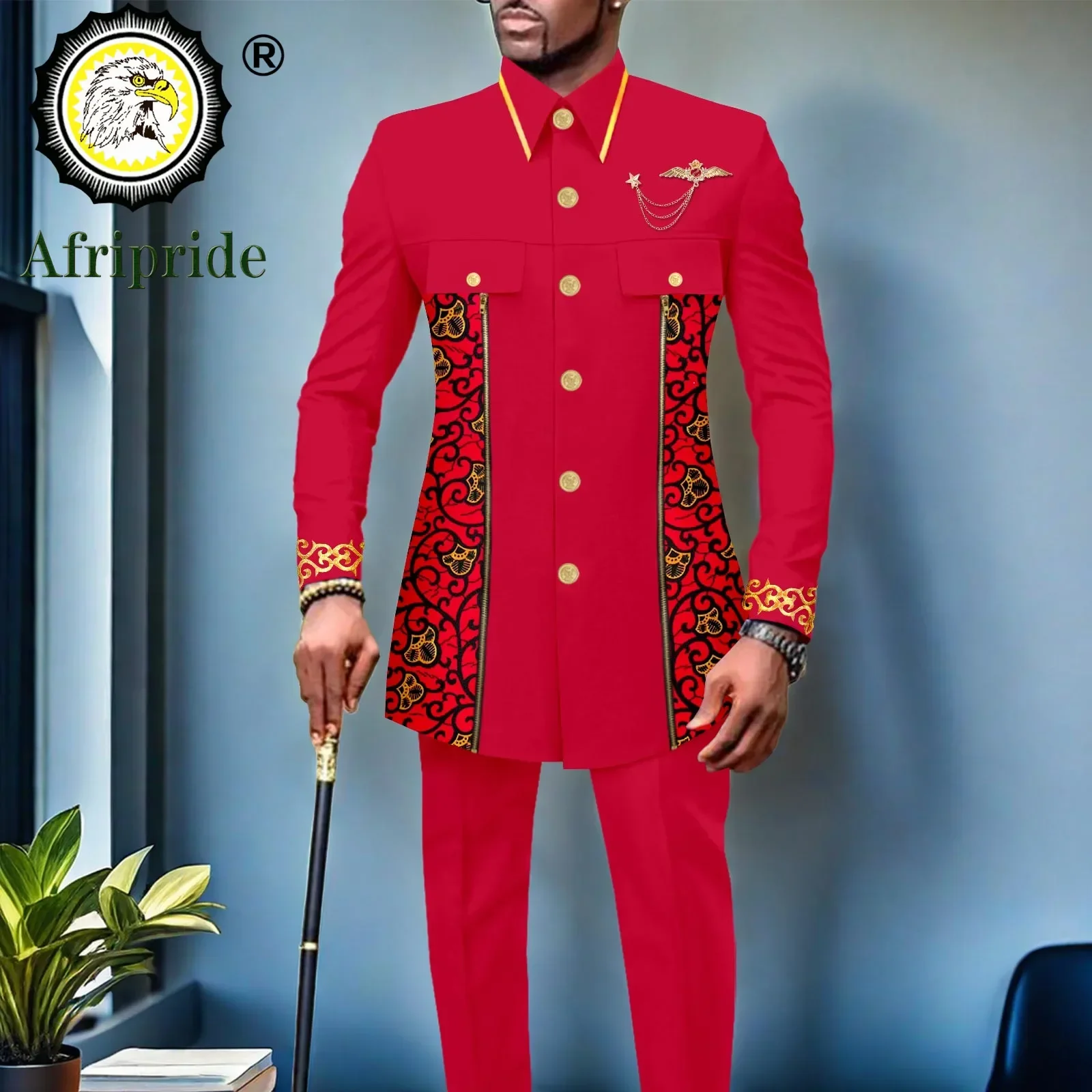 Men`s Suits African Clothes Slim Fit Embroidery Single Breasted Full Sleeve Zip Blazer and Pants Set Formal Outfits 2416079