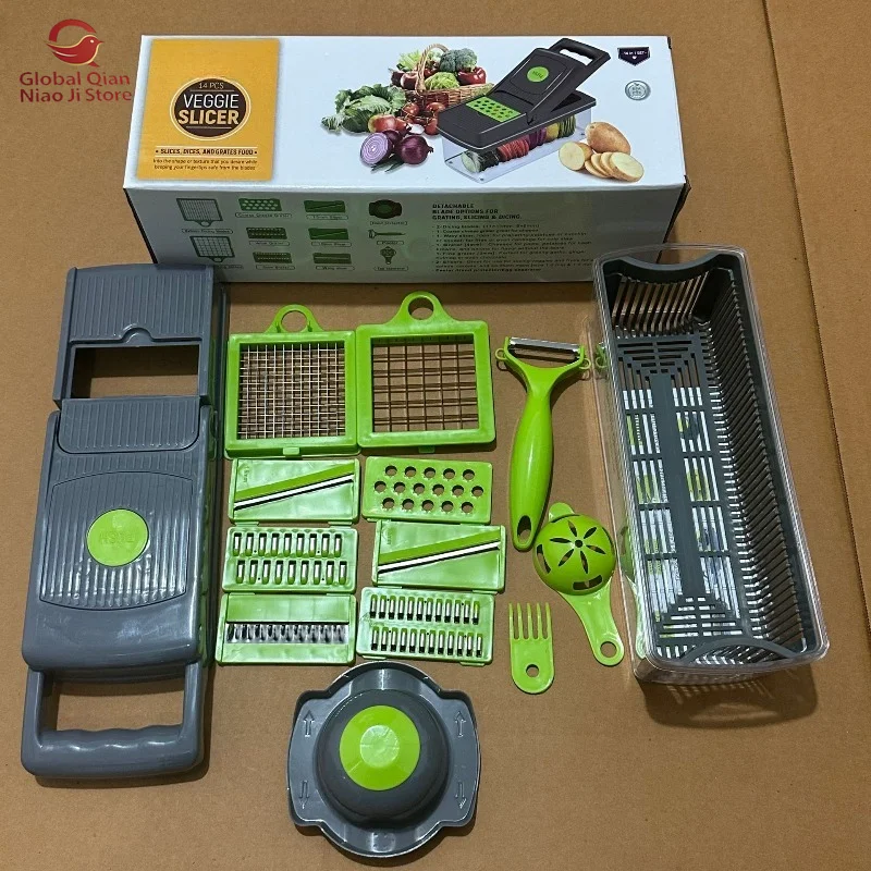 Multifunctional Vegetable Cutter, Kitchen Vegetable Slicer, 14-Piece Slicer, Potato Salad Shredder and Vegetable Cutter