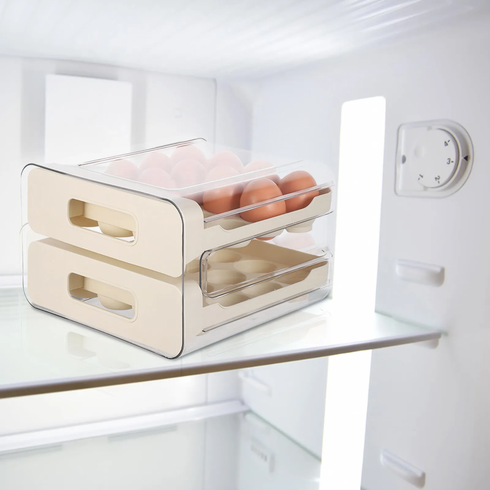Transparent 32-Grid Egg Storage Box for Fridge Drawer Type Stackable Plastic Egg Holder Non-Slip Base Odor Separating Fridge