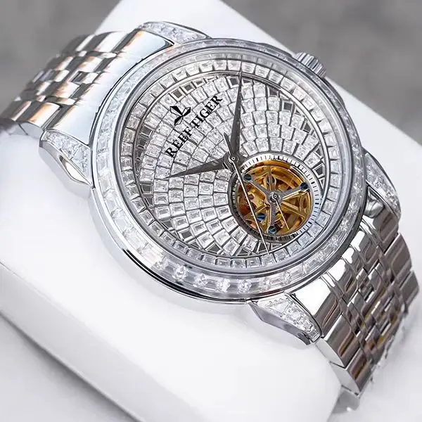 Reef Tiger Men Automatic Watch 41.5mm Mechanical Wristwatch Luminous Skeleton Full Crystal Dial Sapphire Mirror Flywheel