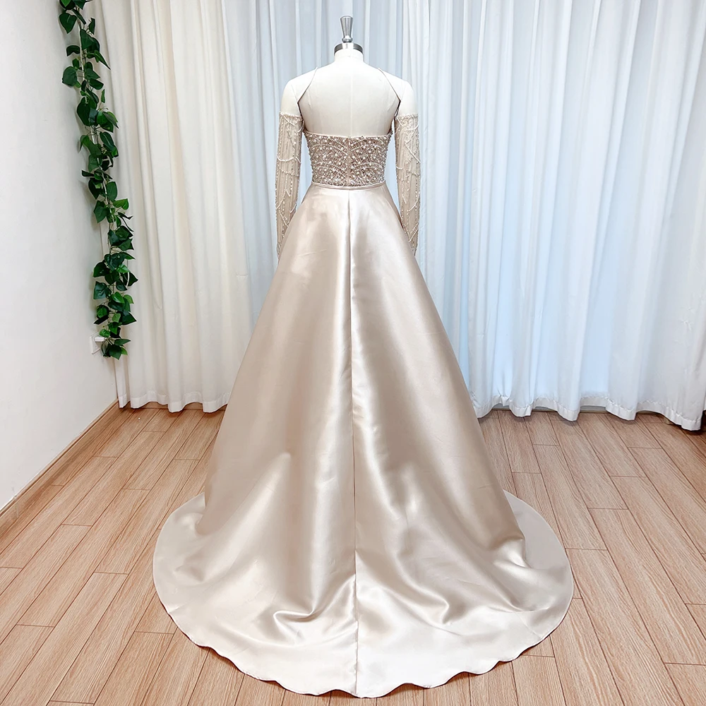 Elegant Pearl Evening Dress for Women with Detachable Skirt Luxury Arabic Long Gloves Formal Prom Wedding Party Gown Customized