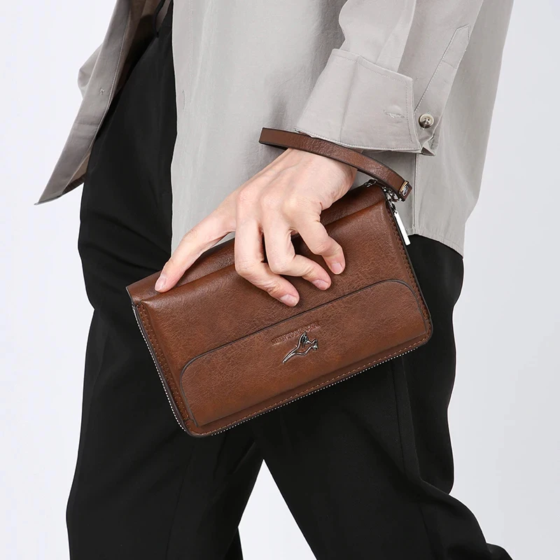 Men's Solid Color Retro PU Leather Double Zipper Design Wallet Bag