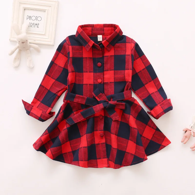 Girls\' Autumn and Winter New Checkered Dress Children\'s Long Sleeve Lapel Belt Bow Spring and Autumn Dress