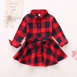 Girls' Autumn and Winter New Checkered Dress Children's Long Sleeve Lapel Belt Bow Spring and Autumn Dress