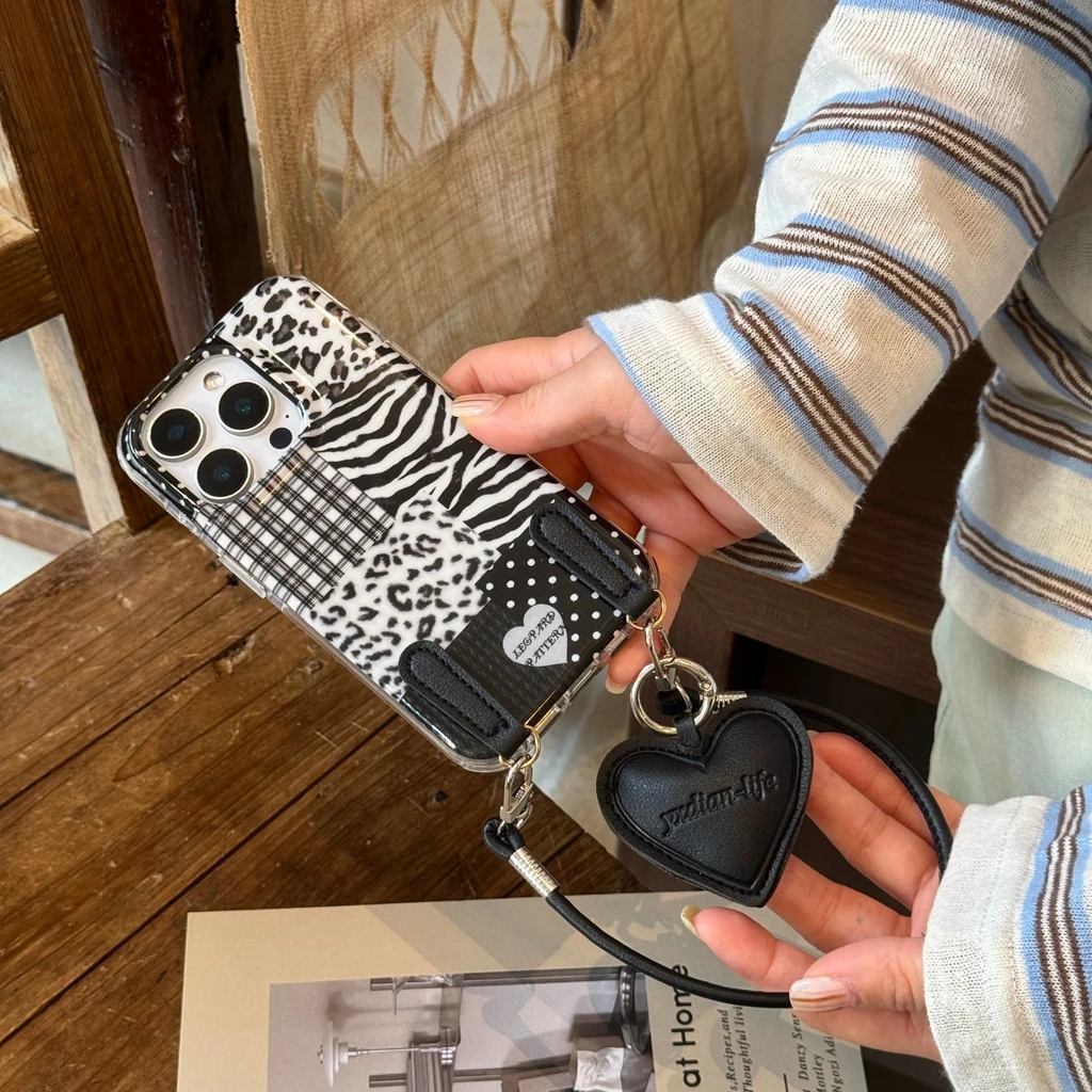 Avanzado negro blanco cebra leopardo estampado onda punto empalme amor corazón cordón funda de teléfono para iPhone 17 16 15 14 Pro Max
